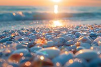 Smooth pebbles on beach at sunset with golden light reflection and bokeh effect creating dreamy atmosphere. Ocean waves and sun path in background.