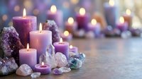 Purple and pink candles with healing crystals and gemstones create peaceful spa atmosphere. Meditation wellness relaxation spiritual energy cleansing ritual setup.