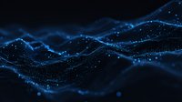 Abstract digital wave of glowing blue particles flowing on dark background, dynamic network visualization with bokeh light effects and depth of field.
