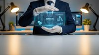 Professional businessman in suit presenting holographic digital technology interface with protective gesture in modern office workspace.