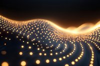 Glowing golden particles form dynamic waves against dark background, creating mesmerizing light pattern with bokeh effect and flowing motion. For tech backgrounds.