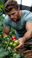 Young Caucasian male gardener in mint t-shirt harvesting fresh organic tomatoes from greenhouse plant. Natural farming and sustainable agriculture concept.