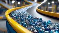 Blue glass marbles moving along curved industrial conveyor belt with yellow safety rails in manufacturing facility, selective focus on transparent spheres in motion.