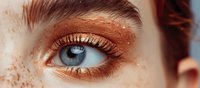 Close up view of bright blue eye with copper-toned eyeshadow and natural freckles scattered across fair skin, showcasing detailed macro beauty photography.