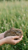 Young child holding small brown rabbit in cupped hands outdoors in meadow with grass and wildflowers, gentle wildlife care and nature education concept.