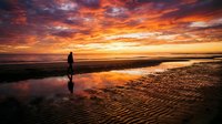 Silhouetted figure standing on wet sand beach at dramatic sunset with golden orange sky and water reflections, ideal for travel and nature backgrounds.