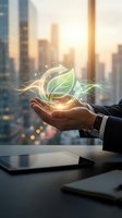 Businessman holding glowing green leaves with light effects above palm in modern office with city skyline background representing sustainability and eco business.