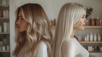 Blonde women with different hair textures - wavy and straight - in white sweaters at beauty salon showing professional hair care results and styling options.