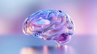 Metallic glass brain model floating on blurred pink and purple background, showcasing anatomical details with iridescent surface reflections and modern aesthetic.