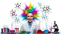 Young male scientist with colorful hair explosion surrounded by laboratory equipment and molecular structures on white background.