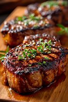 Juicy grilled beef steaks with caramelized crust and fresh herbs on wooden cutting board, perfect for gourmet menu photography.