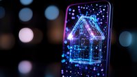 Glowing neon house outline on smartphone screen with magical sparkles and bokeh lights in dark background, modern digital art concept for real estate app.
