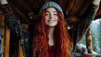 Young woman with vibrant red long wavy hair wearing gray knit beanie and patterned sweater expressing joy and freedom with arms raised in cozy autumn setting.