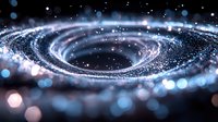 Glowing spiral galaxy formation with luminous particles and bokeh light effects in deep space, cosmic abstract background for astronomy and science designs.