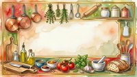 Watercolor kitchen frame with cooking utensils, herbs, tomatoes, bread, and spices, forming a decorative border with copy space.