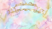 Pastel watercolor background with soft pink, purple, yellow and mint tones featuring an ornate gold ribbon banner isolated on transparent background for design use.