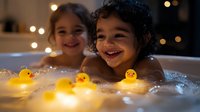Cheerful children playing with glowing rubber ducks during evening bath time, surrounded by bubbles and warm lighting creating cozy atmosphere.