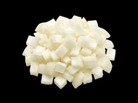 Diced white onion pieces isolated on transparent background, ready for culinary design, recipe graphics, food packaging, cooking blogs, restaurant menus, and print-on-demand kitchen products.