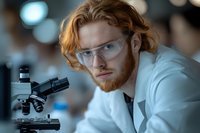 Young male scientist with red curly hair and beard wearing safety glasses and lab coat works with microscope in research laboratory setting with bokeh background.
