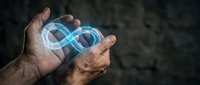 Elderly hands holding glowing infinity symbol representing endless possibilities, eternal concepts, and futuristic technology in digital age.
