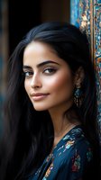 Young South Asian woman with long dark hair wearing traditional blue floral dress and ornate earrings smiles confidently against decorative background. Portrait captures natural beauty.