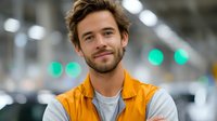Young Caucasian man with beard wearing orange vest and gray shirt smiling confidently in industrial or warehouse setting with blurred bokeh lights in background.