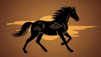Black horse silhouette with decorative patterns galloping against golden sunset background. Majestic stallion in motion for equestrian designs and western themes.