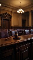 Wooden gavel on judge bench in elegant courtroom with ornate architecture and warm lighting for legal proceedings and justice concepts.
