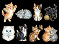 Cute kitten clipart set with eight playful cats in various poses, isolated on transparent background, ready for stickers, t-shirt design, and print on demand.