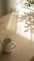 Empty white ceramic mug on wooden table with natural sunlight and plant shadows, suitable for beverage, lifestyle, and morning routine designs.