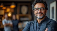 Middle-aged Hispanic businessman with glasses and salt-pepper hair smiling confidently with arms crossed in modern office environment. Warm lighting creates professional atmosphere.