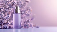 Purple cosmetic bottle with lavender flowers on soft pastel background, elegant skincare packaging mockup for beauty product advertising and spa promotion.