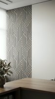 Modern geometric striped wallpaper with diagonal interlocking pattern in neutral tones adorns contemporary office interior with wooden desk and potted plant for interior design projects.