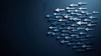 Metallic blue and white arrows moving in opposite directions on dark background symbolizing conflict, leadership and different business strategies.