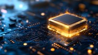 Glowing processor on circuit board with orange light effect and shallow depth of field, modern computing technology concept for semiconductor industry.