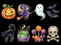 Halloween clipart set with pumpkin, witch, ghost, bats, black cat, cauldron, candy, and skull isolated on transparent background, ready for stickers, T-shirts, and print on demand.