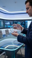Professional businessman holding transparent crystal sphere in futuristic office with holographic displays and advanced technology interface.
