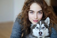 Young Caucasian woman with curly brown hair embracing adorable Siberian Husky puppy with blue eyes in cozy home setting for pet care and companionship concepts.