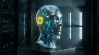 Futuristic android robot head with glowing circuits in high-tech server room for AI technology concepts and sci-fi designs.