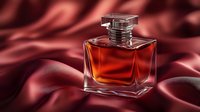 Elegant glass perfume bottle with amber liquid on luxurious burgundy silk fabric background with soft folds and reflective surface. Suitable for beauty and luxury advertising.