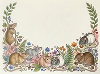 Adorable mice family gathering among wildflowers and botanical elements creating decorative border frame on neutral background for greeting cards.
