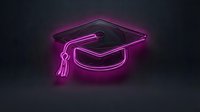Glowing neon graduation cap with tassel on dark background, perfect for education, graduation, and academic achievement designs and promotional materials.