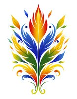 Colorful symmetrical floral ornament with gradient feather-like leaves in red, blue, yellow and green on white background, isolated decorative element for design.