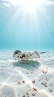 Stingray gliding over sandy ocean floor with shells and pebbles in crystal clear tropical waters with sunbeams filtering through surface for marine life content.