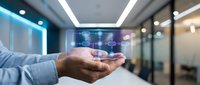 Businessman hand holding holographic digital network connections in modern office environment for technology and communication concepts.