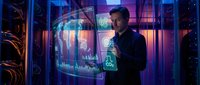 IT specialist managing holographic interface in futuristic data center with glowing digital displays and advanced server technology for cybersecurity operations.