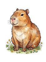 Cute brown capybara with gentle expression sitting among wildflowers and clover on white background, isolated clipart for children's designs and merchandise.