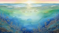 Underwater ocean scene with coral reef, tropical fish, and sunlight rays penetrating blue water depths creating peaceful marine environment for relaxation.
