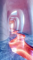 Mystical ice cave corridor with glowing pink and blue water stream flowing through white arched tunnels, creating surreal reflections and ethereal atmosphere.