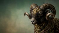 Ornate bronze ram sculpture with intricate Celtic knotwork patterns and spiral horns against moody atmospheric background for luxury decor projects.